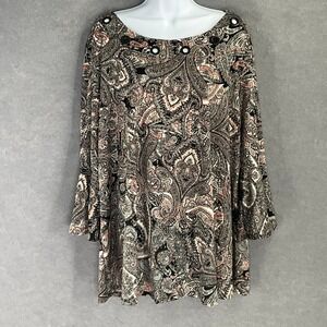NEW DIRECTIONS CURVY Paisley Print Bell‎ Sleeve Tunic Top 3X Black Pink Gray